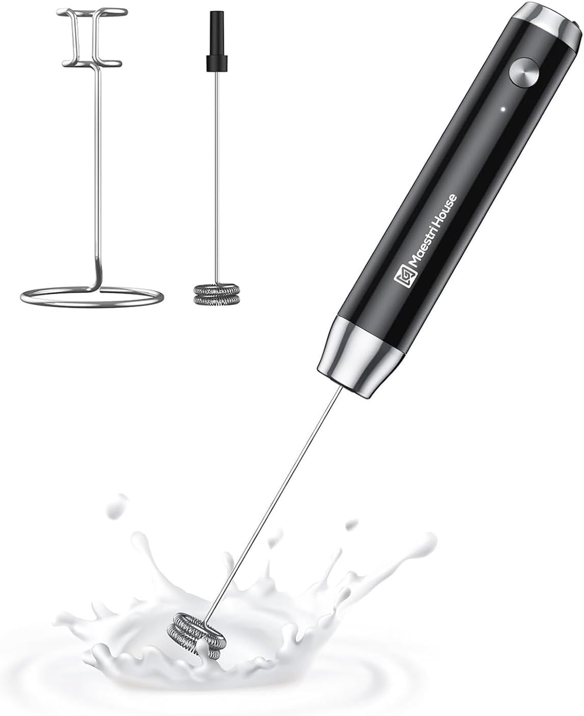 Maestri House LunaFro - Espumador de leche recargable con soporte, máquina de espuma eléctrica de mano, impermeable, desmontable, de acero inoxidable, mezclador de bebidas, espumador para lattes