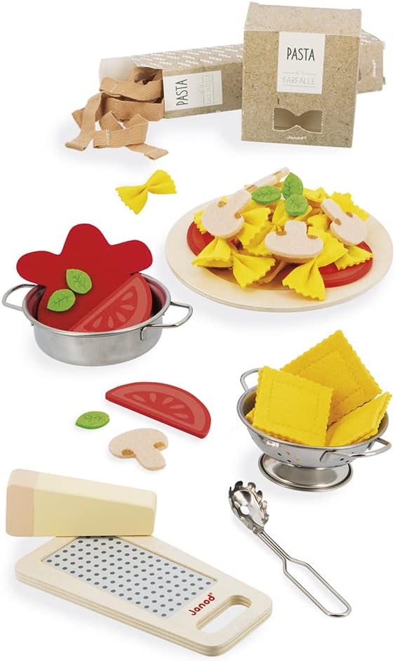 Janod - Mezcla de pasta - Juego de pasta - Juego de cocina y té - 58 piezas de madera, cartón y fieltro incluidas - Pinturas a base de agua - 3 años + J06598