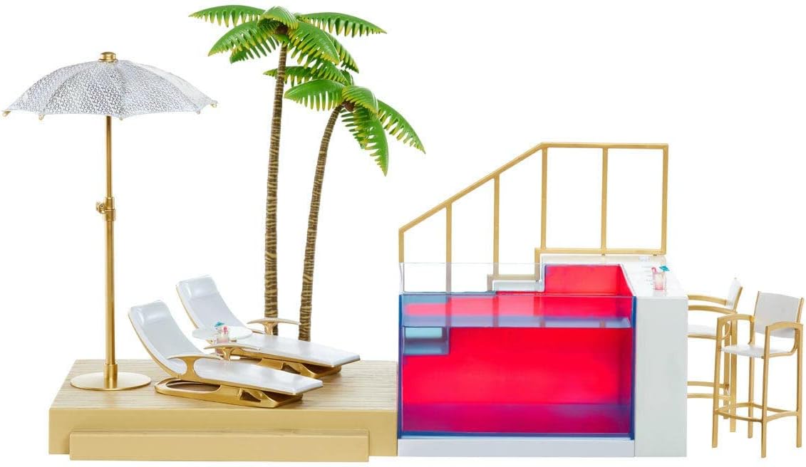 Rainbow High Juego de cambio de color: 7 en 1 piscina cambiadora multicolor iluminada, paraguas ajustable y accesorios de piscina. Se adapta a 7 muñecas de moda, regalo de juguete para niños de 6, 7, 8 + a 12 años