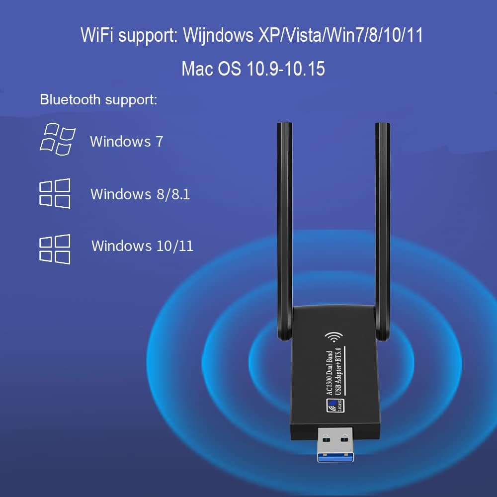 AC1300 Tarjeta de red inalámbrica WiFi de doble banda + adaptador BT 5.0 USB 3.0 1300M 802.11ac adaptador Bluetooth 5.0 con antena para computadora portátil 2.4 GHz + mini dongle de 5.8 GHz
