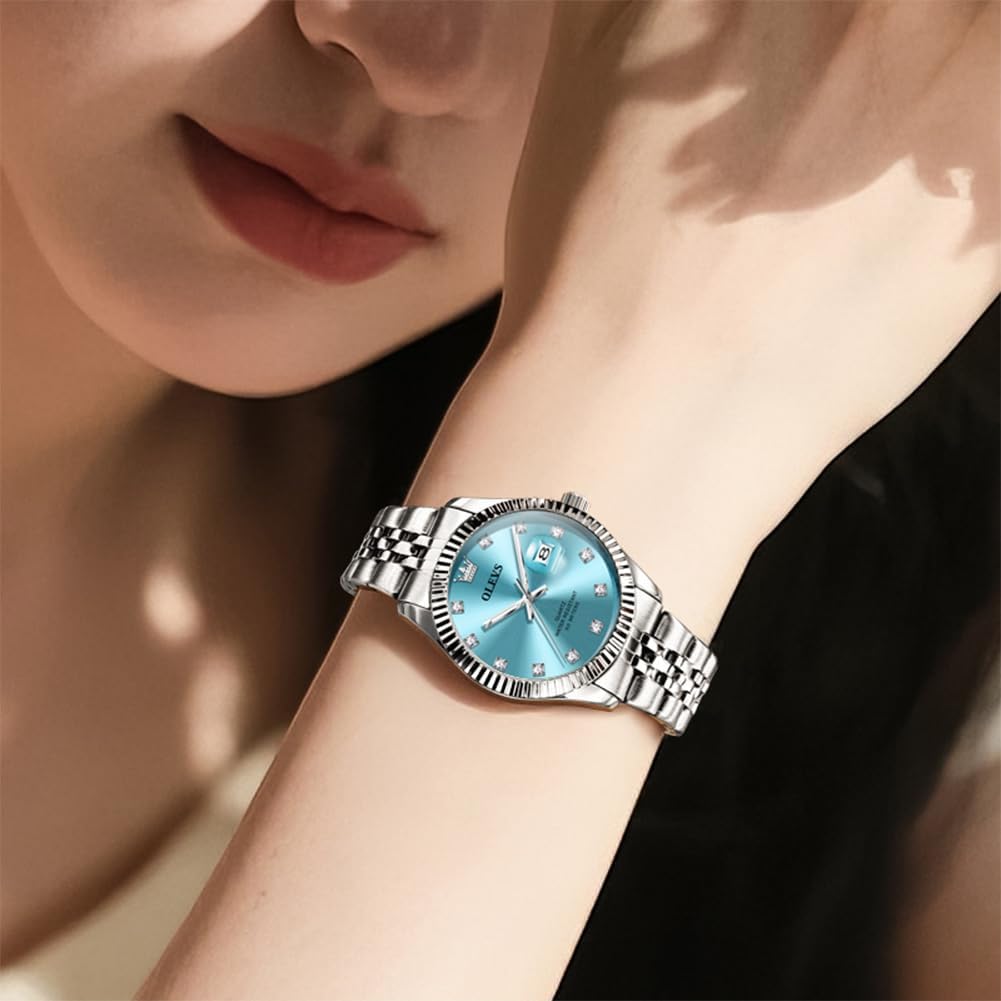 OLEVS Reloj de pulsera analógico de cuarzo para mujer, de acero inoxidable, impermeable, luminoso, de dos tonos, para mujer