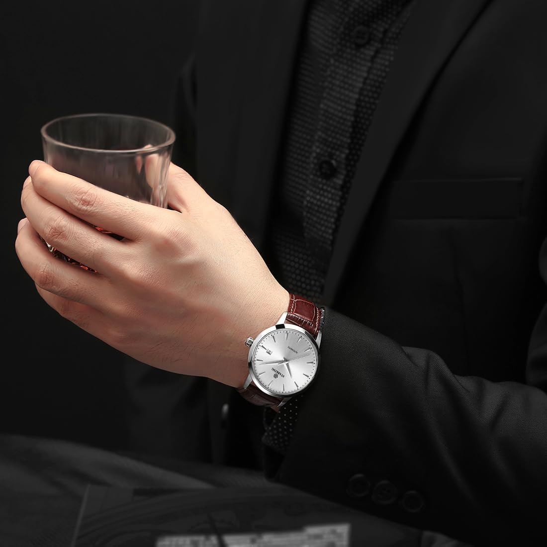 STARKING AM0184 Relojes automáticos de vestir para hombre, con parte trasera transparente, relojes de pulsera delgados casuales con fecha, resistente al agua a 5 ATM, acero inoxidable, correa de piel