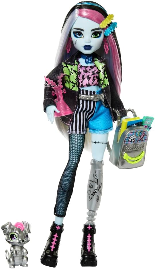 Muñeca Monster High Frankie Stein con chaqueta de mezclilla y pantalones cortos