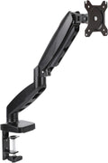 Amazon Basics Soporte de escritorio con brazo de monitor único con resorte de gas, tensión ajustable, se adapta a monitores de 15 a 27 pulgadas, soporta 4.4-15.4 libras, VESA 75x75/100x100, negro
