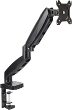 Amazon Basics Soporte de escritorio con brazo de monitor único con resorte de gas, tensión ajustable, se adapta a monitores de 15 a 27 pulgadas, soporta 4.4-15.4 libras, VESA 75x75/100x100, negro