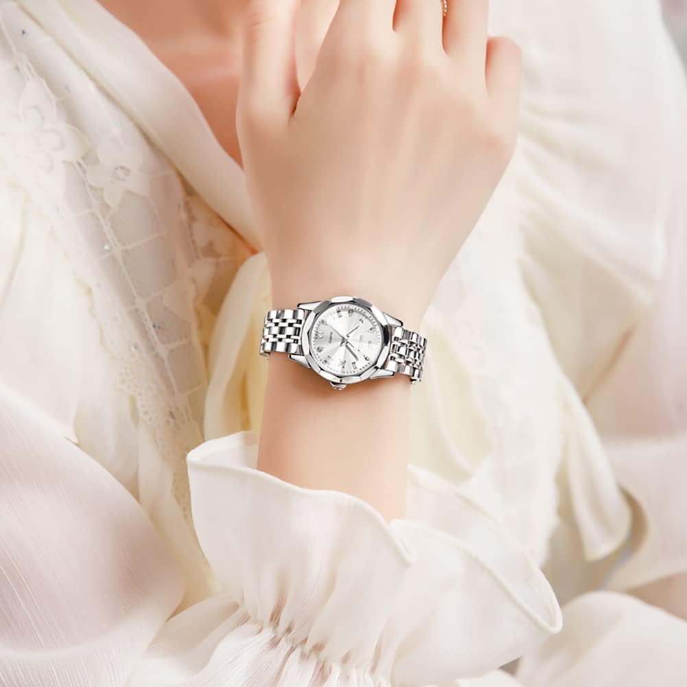 OLEVS Reloj para Mujer Moderno de Moda con Diamantes para Damas Analógico, Acero Inoxidable, Resistente al Agua, Luminosa, Día, Fecha, Dos Tonos