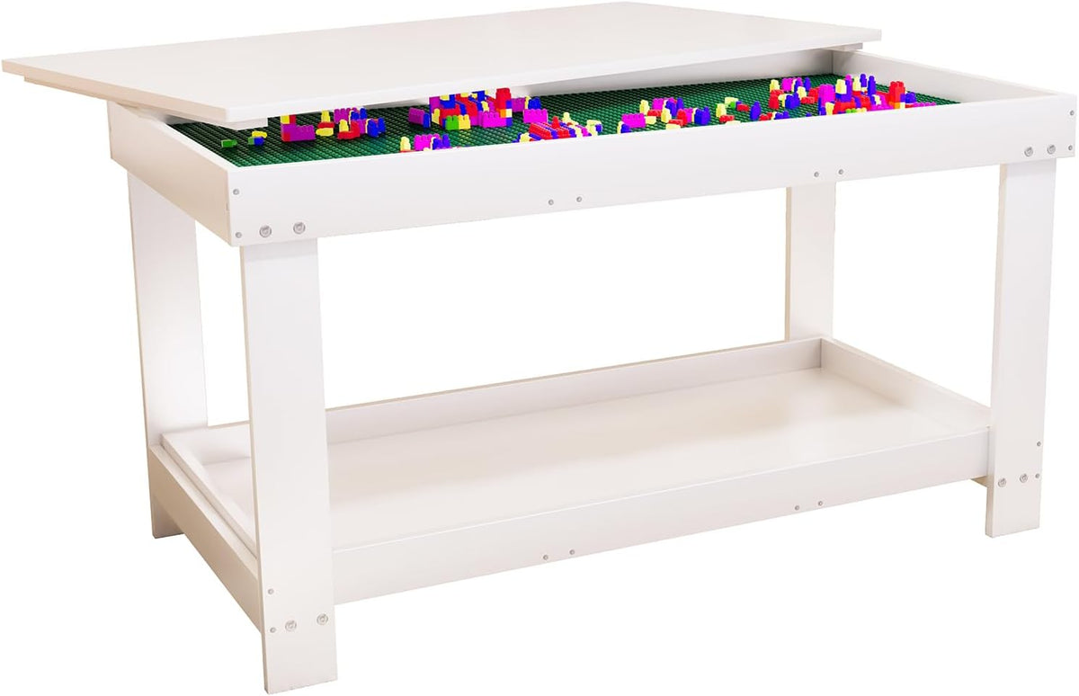 Mesa de actividades para niños con almacenamiento, 2 en 1, de madera maciza, bloques de construcción con tablero para regalos de niños y niñas, ladrillos de juego, tren, lectura, dibujo de