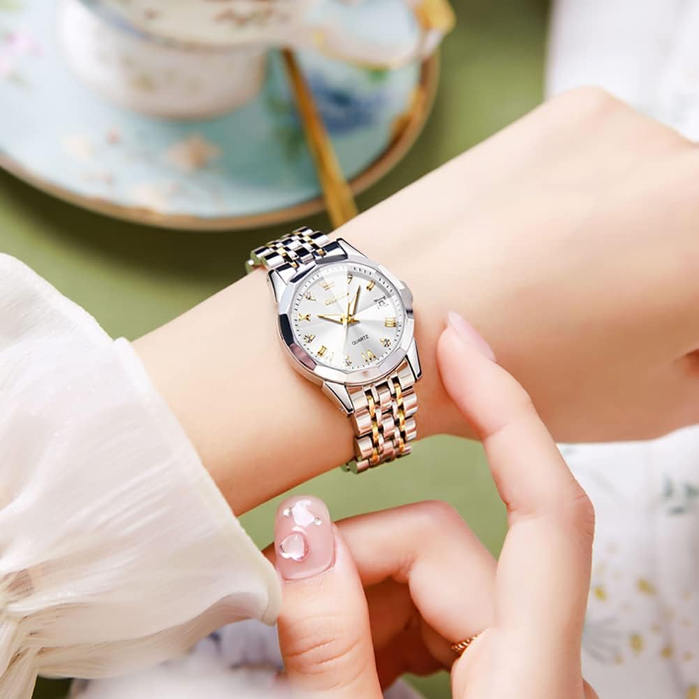 OLEVS Reloj para Mujer Moderno de Moda con Diamantes para Damas Analógico, Acero Inoxidable, Resistente al Agua, Luminosa, Día, Fecha, Dos Tonos