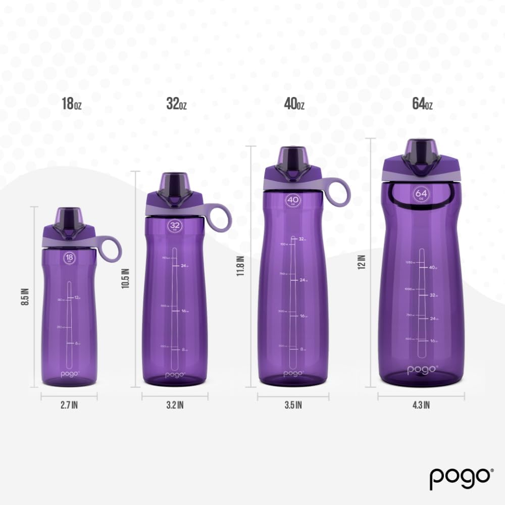 Pogo Botella de agua de plástico sin bisfenol A con tapa con pico de 32 onzas, color morado