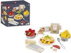 Janod - Mezcla de pasta - Juego de pasta - Juego de cocina y té - 58 piezas de madera, cartón y fieltro incluidas - Pinturas a base de agua - 3 años + J06598