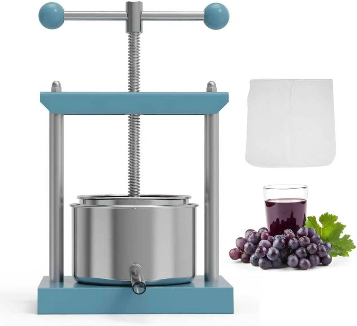 SQUEEZE master Tintura de queso, hierbas, frutas, vino, prensa manual -0.53 galones/2 litros de potencia de acero inoxidable y hierro para jugo, sidra, vino, aceite de oliva, azul