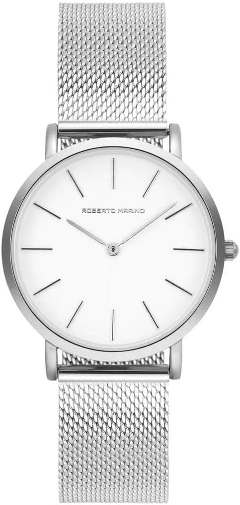 Roberto Marino RM1611 Reloj de malla para mujer – Acero inoxidable plateado, 3ATM, esfera blanca