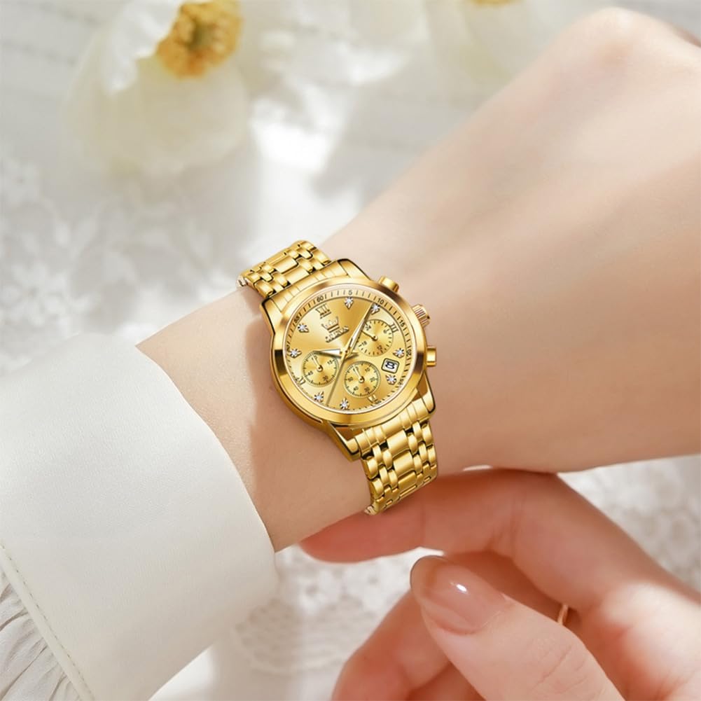 OLEVS Relojes para mujeres de negocios, con diamante, pulsera de acero inoxidable, fecha, impermeable, tono bicolor para mujer