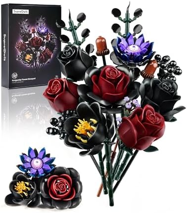 iATOM Juego de construcción de ramo de flores, kits de colección botánica de rosas moradas para mujeres adultas, regalo para el día de la madre para ella/mamá/novia/esposa/pareja, decoración gótica mo