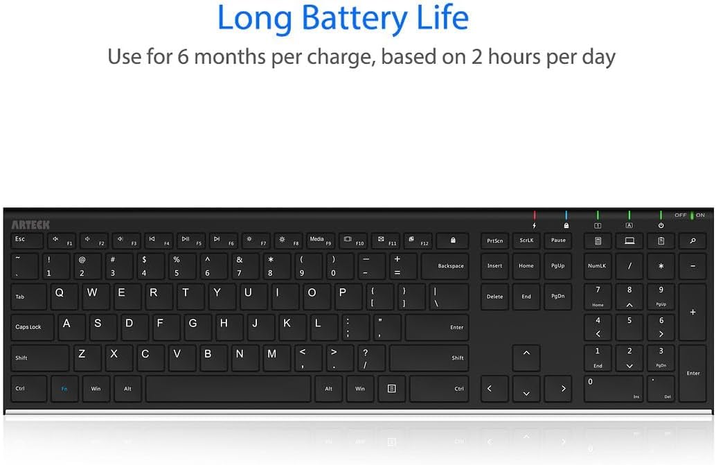 Arteck - Teclado inalámbrico de acero inoxidable ultra