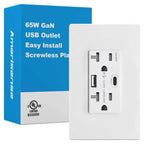 GaN - Toma de pared USB de 65 W, 6 amperios, 2 puertos, receptáculo resistente a manipulaciones de 20 amperios con 1 puerto USB tipo C y 1 puerto tipo A, cargador USB para laptop USB-C