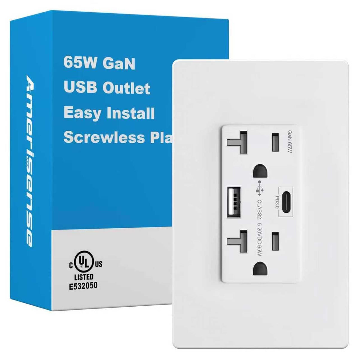 GaN - Toma de pared USB de 65 W, 6 amperios, 2 puertos, receptáculo resistente a manipulaciones de 20 amperios con 1 puerto USB tipo C y 1 puerto tipo A, cargador USB para laptop USB-C