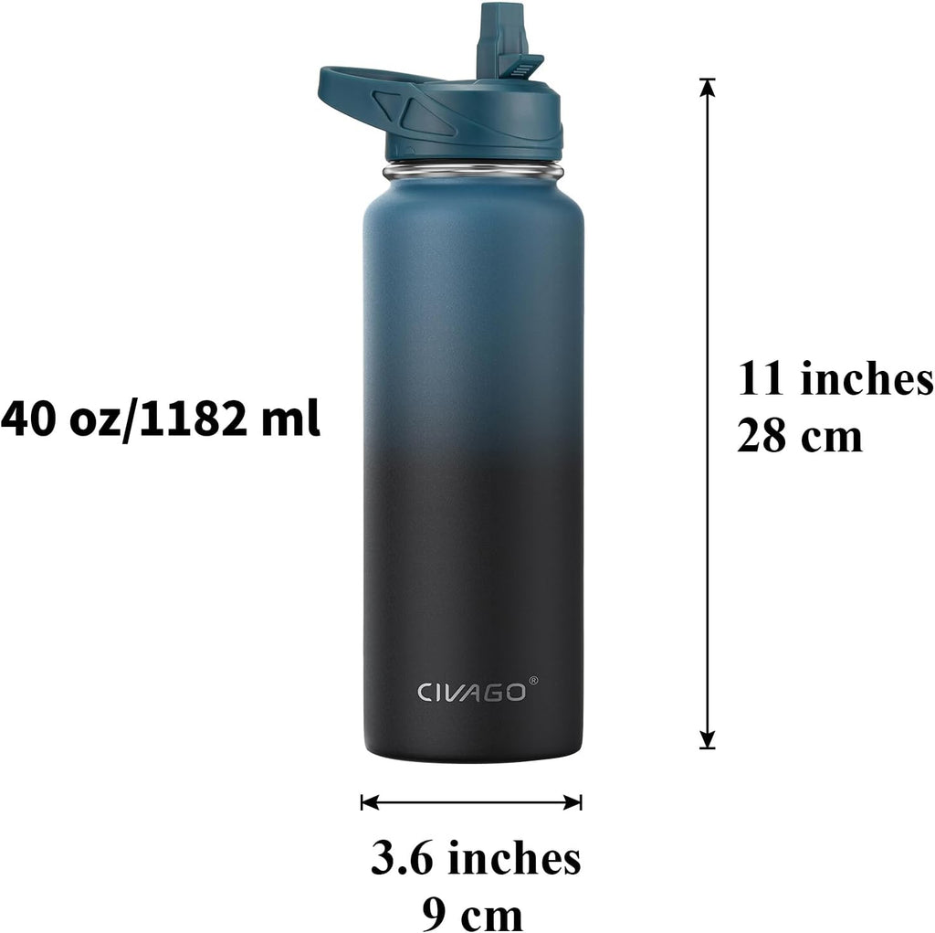 CIVAGO Botella de agua aislada de 40 onzas con pajita, frasco de agua deportiva cantimplora de acero inoxidable con 3 tapas (pajita, boquilla y tapa con asa), taza cantimplora térmica de viaje de