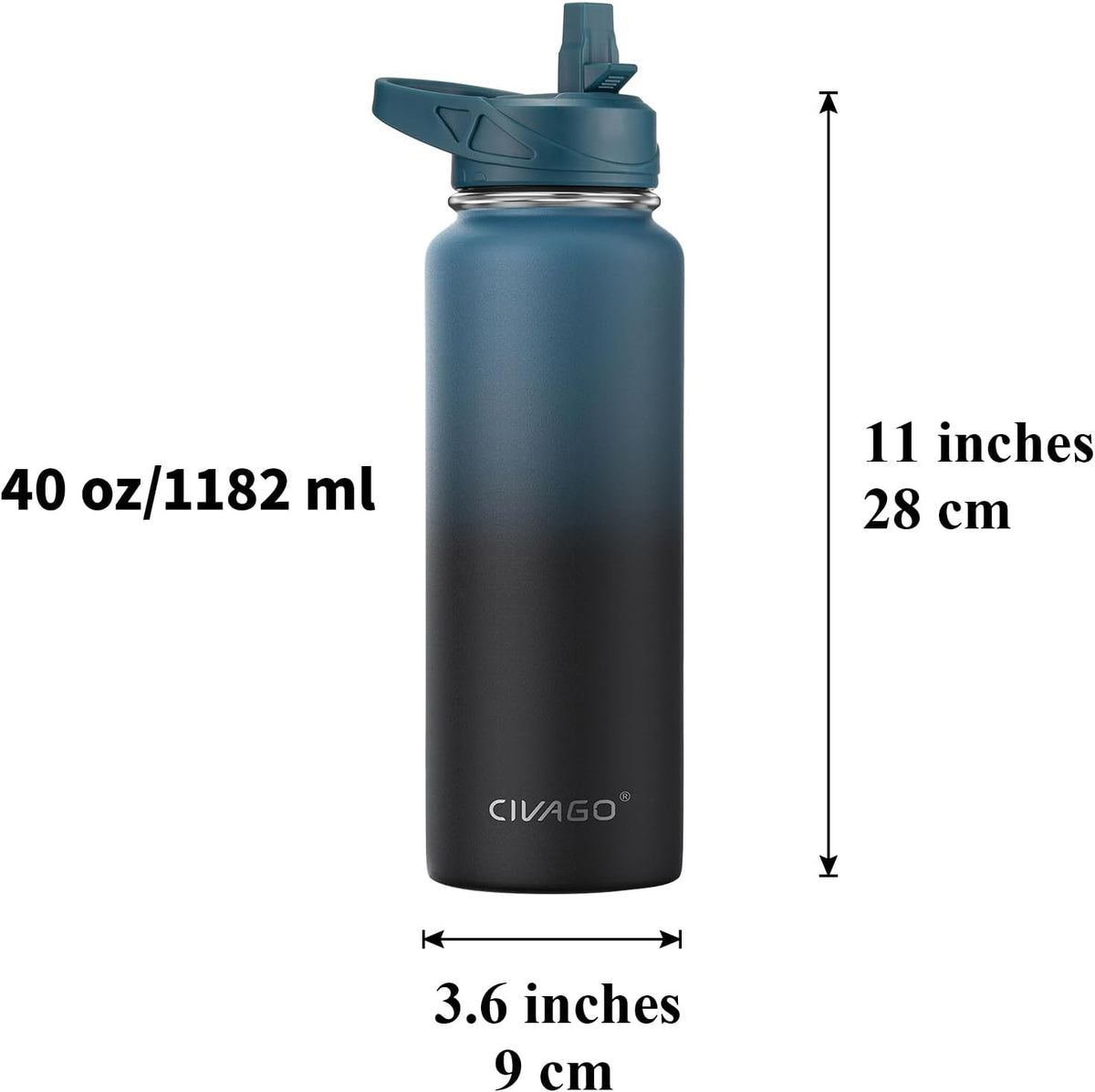 CIVAGO Botella de agua aislada de 40 onzas con pajita, frasco de agua deportiva cantimplora de acero inoxidable con 3 tapas (pajita, boquilla y tapa con asa), taza cantimplora térmica de viaje de