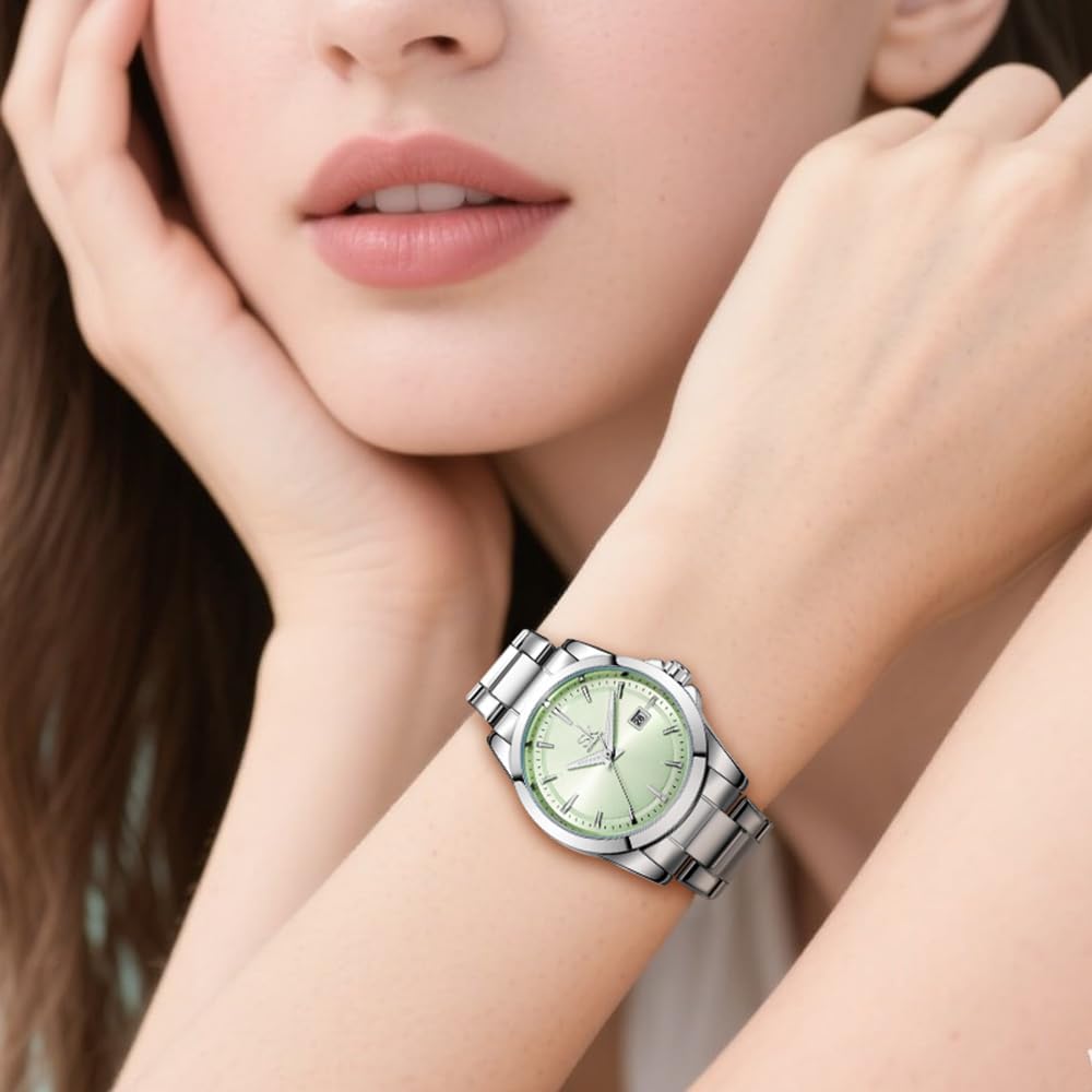 SHENGKE Relojes de cuarzo minimalistas para mujeres con fecha, pulsera de acero inoxidable y esfera de color elegante