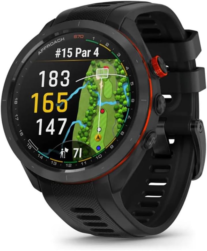 Garmin 010-02746-02 Approach S70 - Reloj de golf con GPS de 1.850 in, paquete de correa negra con base de carga Deco Essentials, 3 cubiertas antipolvo de silicona y cable de carga y sincronización USB