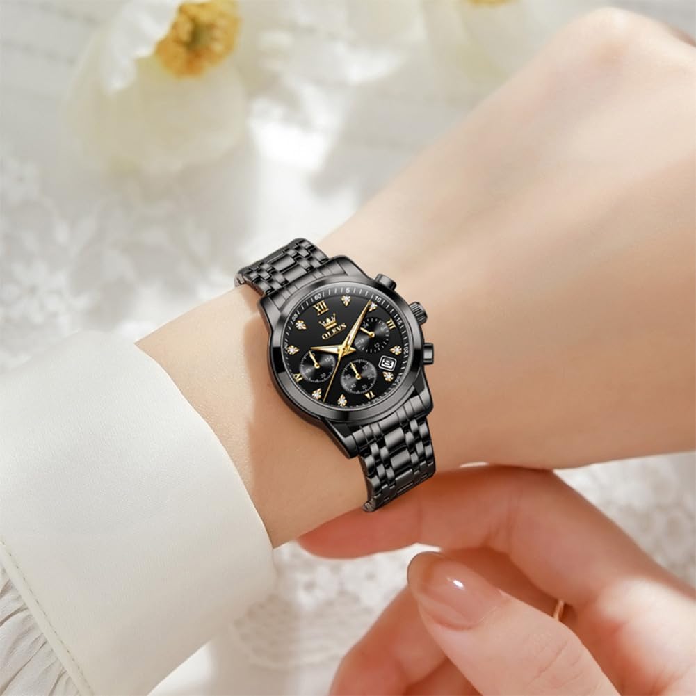 OLEVS Relojes para mujeres de negocios, con diamante, pulsera de acero inoxidable, fecha, impermeable, tono bicolor para mujer