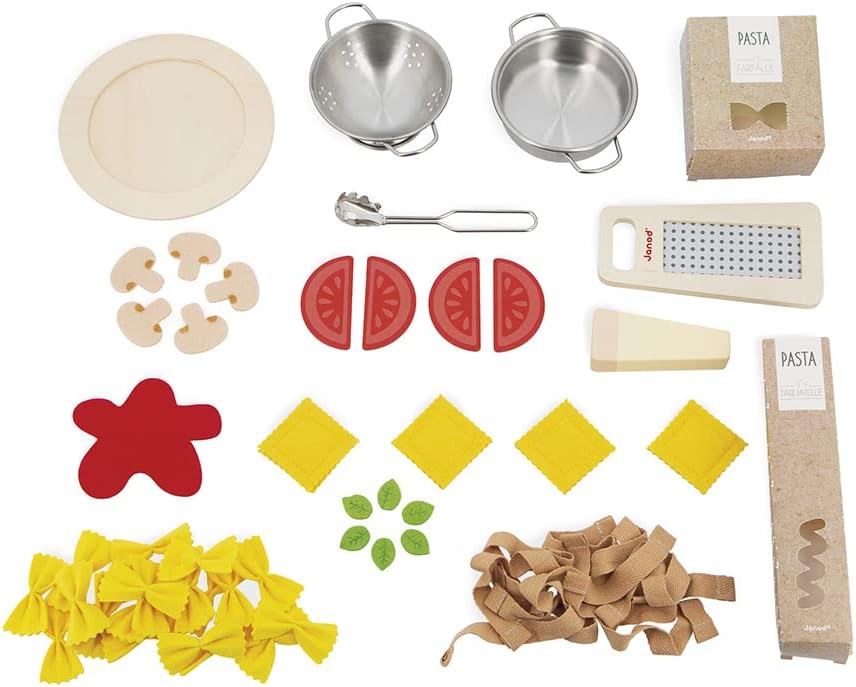 Janod - Mezcla de pasta - Juego de pasta - Juego de cocina y té - 58 piezas de madera, cartón y fieltro incluidas - Pinturas a base de agua - 3 años + J06598