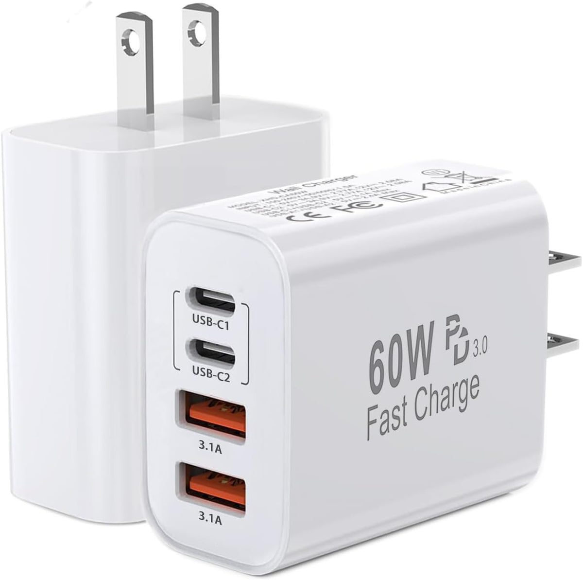 Bloque de cargador USB C de 60 W, paquete de 2 cargadores USB C de 4 puertos GaN de carga rápida, enchufe de pared de doble tipo C+puerto USB-A doble, cubo adaptador de corriente multipuerto para