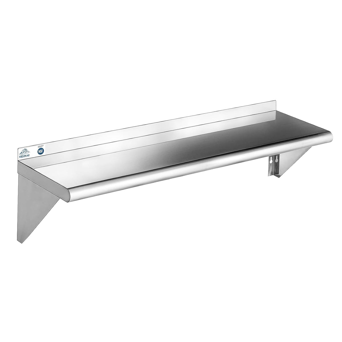 ROCKPOINT Estante de acero inoxidable de 12 x 48 pulgadas, 350 libras, estantes comerciales de metal NSF para montaje en pared, estantería flotante con protector contra salpicaduras para restaurante