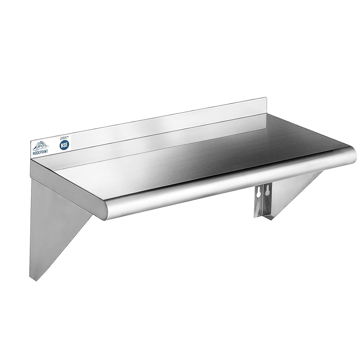 ROCKPOINT Estante de acero inoxidable de 12 x 24 pulgadas, 250 libras, estantes comerciales de metal NSF para montaje en pared, estantería flotante con protector contra salpicaduras para restaurante