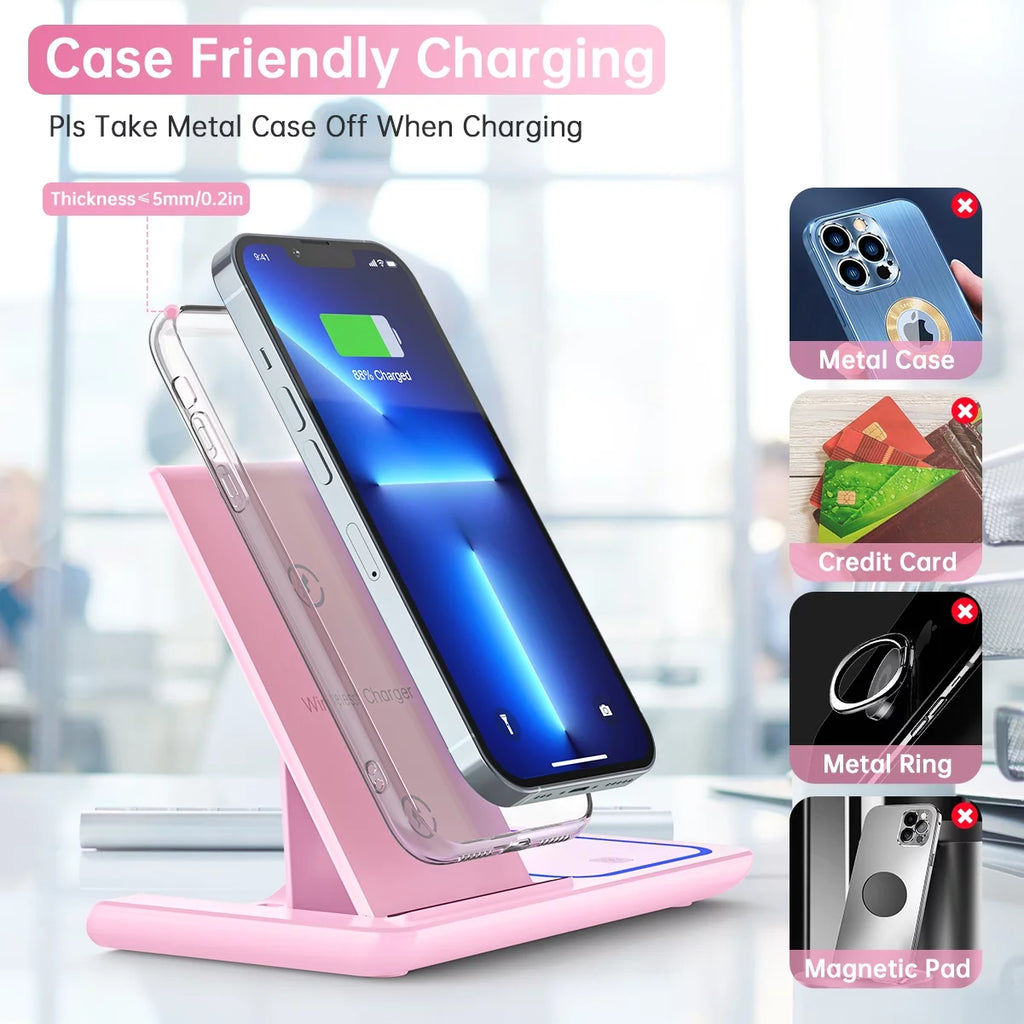Wireless Charger, 18W 3 in 1 Wireless Charging Station for Iphone 16E 15 14 13 12 Pro XR XS, Fast Charing Stand for Iwatch 10/9/8/7/6/SE/5/4/3, Airpods 4/3/2/Pro, Samsung Galaxy S23 S22 S21 20(Pink)