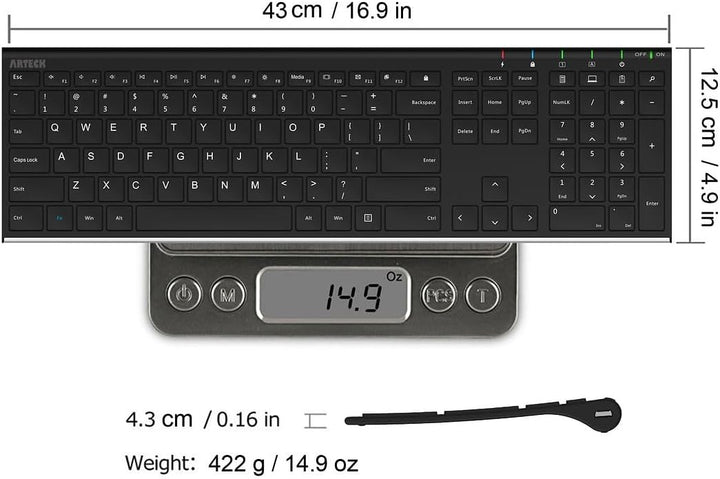 Arteck - Teclado inalámbrico de acero inoxidable ultra delgado de 2...
