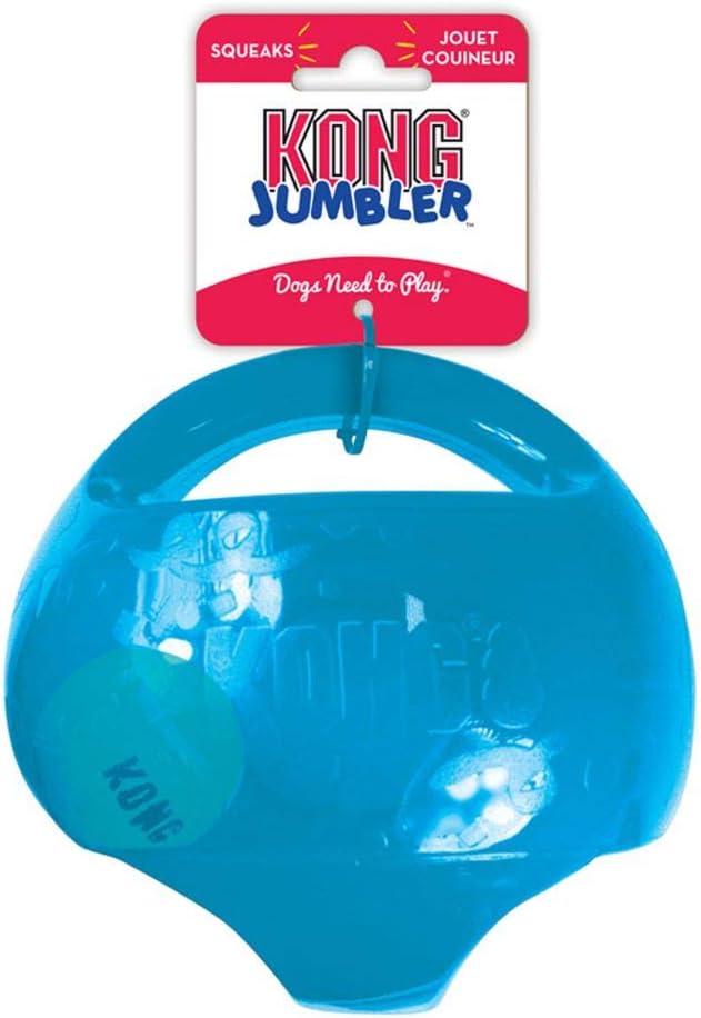 KONG Jumbler Ball - Juguete interactivo para perros y cachorros, juguete de búsqueda con pelota de tenis, suministros para perros para juegos atractivos, para perros grandes/XL, color proporcionado al