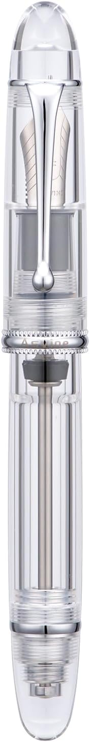 Asvine V800 - Pluma estilográfica, sistema de llenado al vacío con gran capacidad de tinta, punta media lisa número 8 con estuche de regalo y llave, acrílico plateado transparente