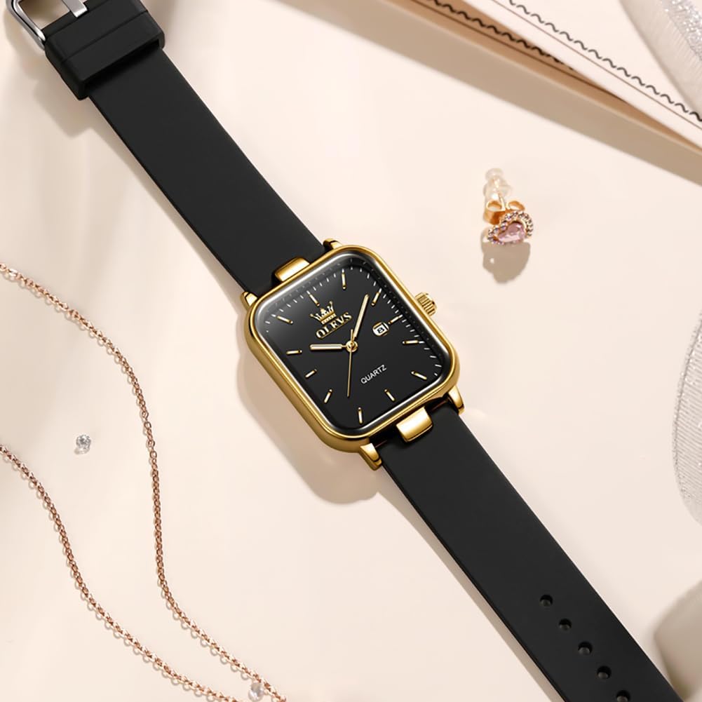 OLEVS Reloj para Mujer Casual Fashion Cuadrante Cuadrado Correa de Silicona Negra Elegante Delicado Cuarzo a Prueba de Agua Lectura Fácil