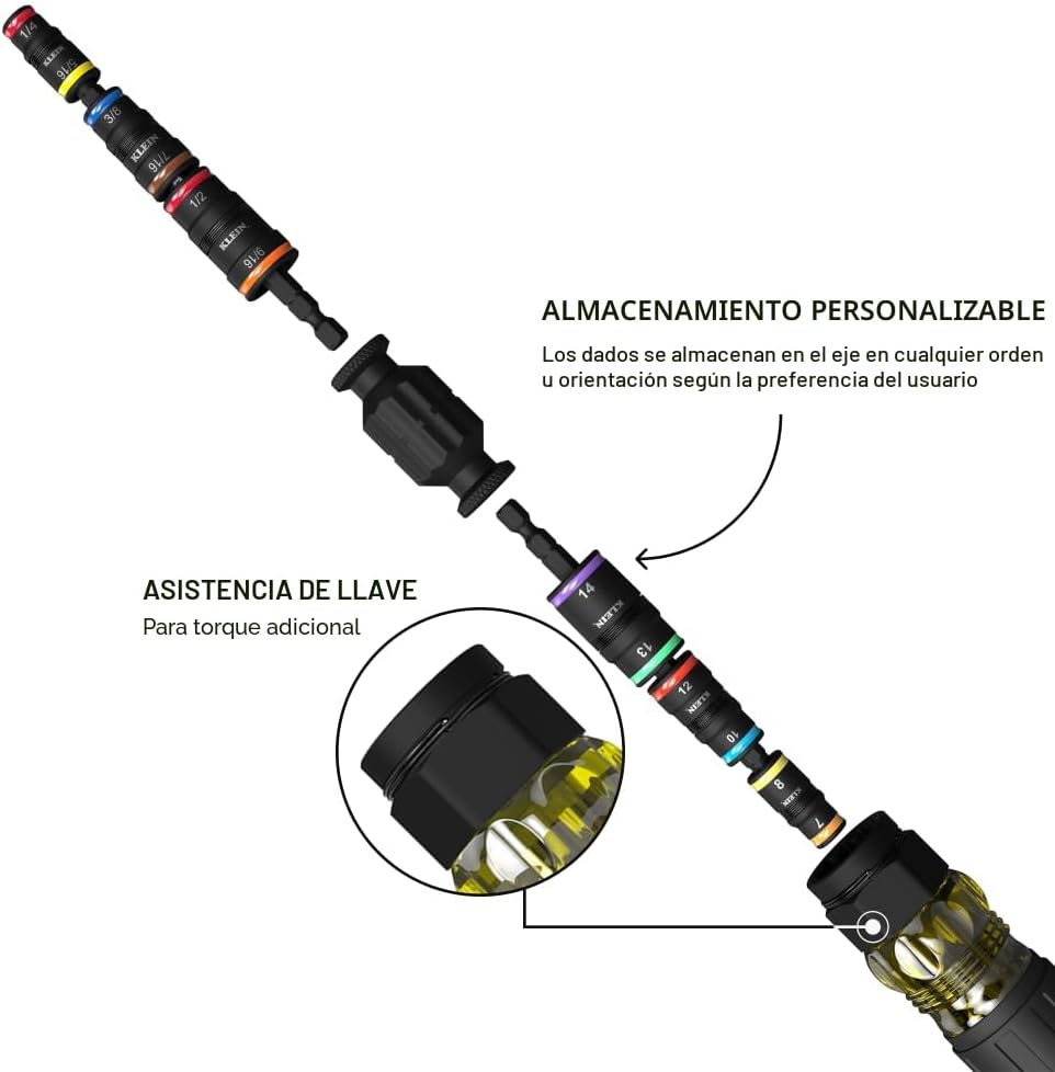 Klein Tools 32914HD Juego de llaves de vaso 14 en 1 con clasificación de impacto, tamaños SAE y métricos, juego de enchufes magnéticos con 12 destornilladores hexagonales y soporte para brocas