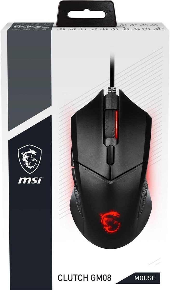 msi Clutch GM08 - Mouse para juegos, 4200 DPI, sensor óptico, 3 pesos ajustables, iluminación LED roja, diseño simétrico