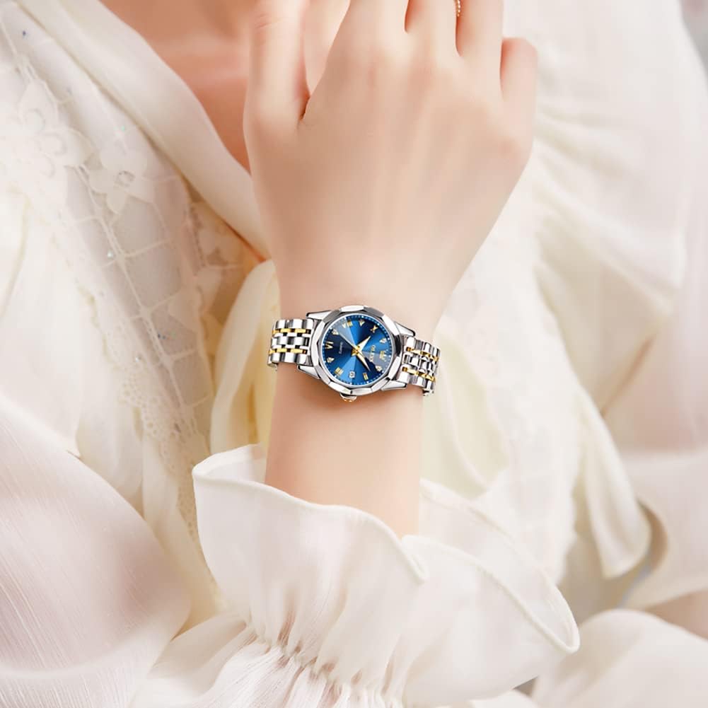OLEVS Reloj para Mujer Moderno de Moda con Diamantes para Damas Analógico, Acero Inoxidable, Resistente al Agua, Luminosa, Día, Fecha, Dos Tonos