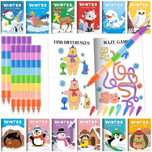 BenLouis 24 mini libros de actividades de Navidad con 24 lápices de colores para niños de 4 a 8 a 16 años, recuerdos de fiesta de Navidad a granel, diferentes juegos cerebrales para el aula, viajes