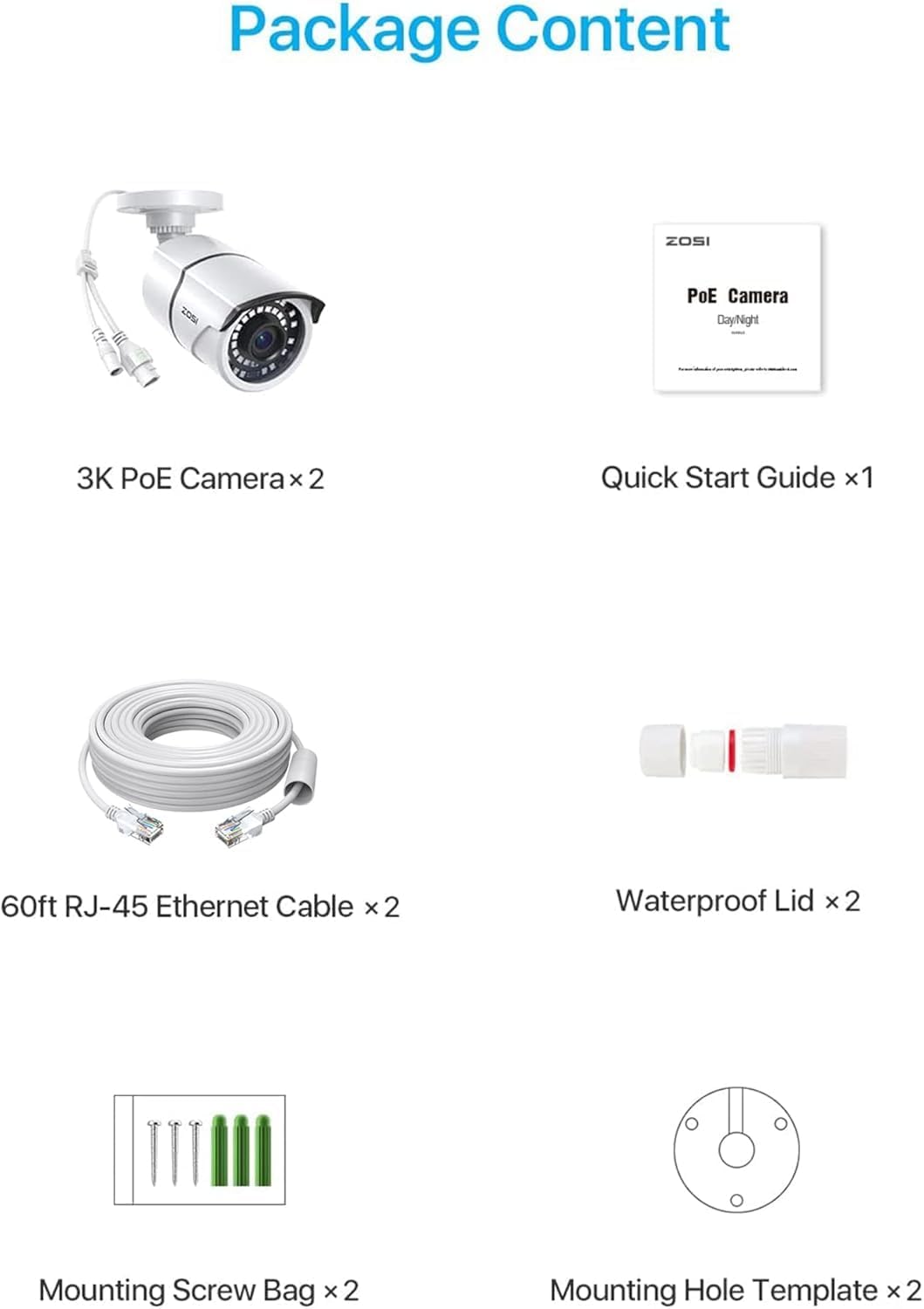 ZOSI 2PK - Cámara de seguridad PoE complementaria de 5 MP con cable...