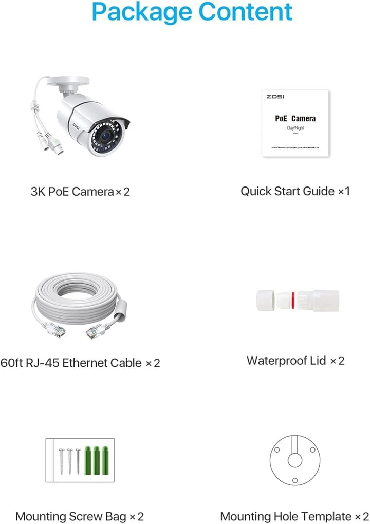 ZOSI 2PK - Cámara de seguridad PoE complementaria de 5 MP con cable...