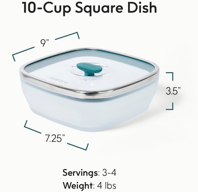 Anyday Juego de 4 piezas de utensilios cuadrados para microondas y juego de almacenamiento de alimentos con tapas de vidrio | Envases libres de plástico y BPA | Platos de 10 tazas y 5.5 tazas (Kale)