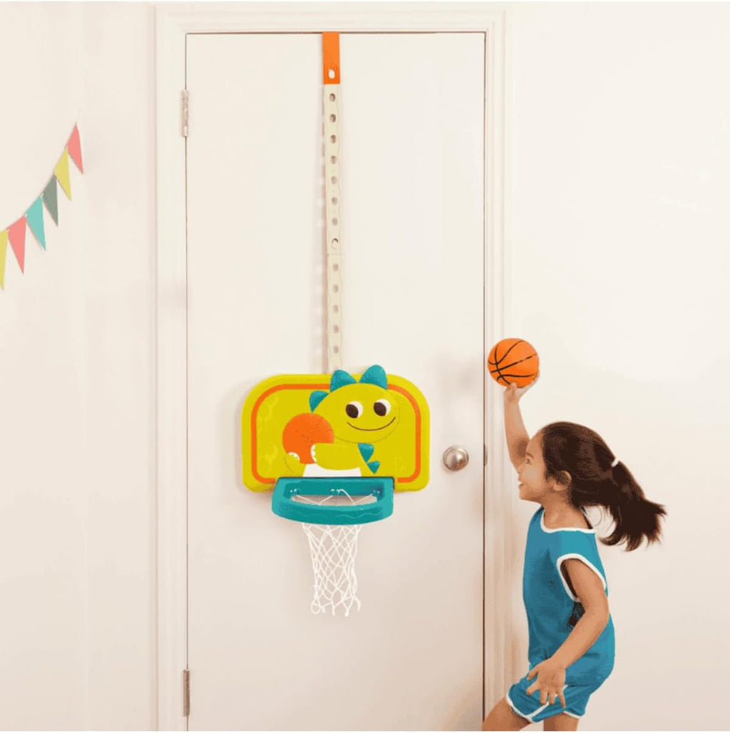 B. toys Red de baloncesto colgante, aro de dinosaurio ajustable
