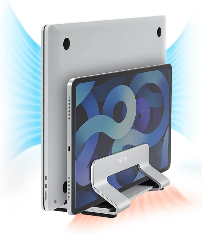 Psitek Soporte vertical dual de aluminio para laptop, soporta 2 dis...