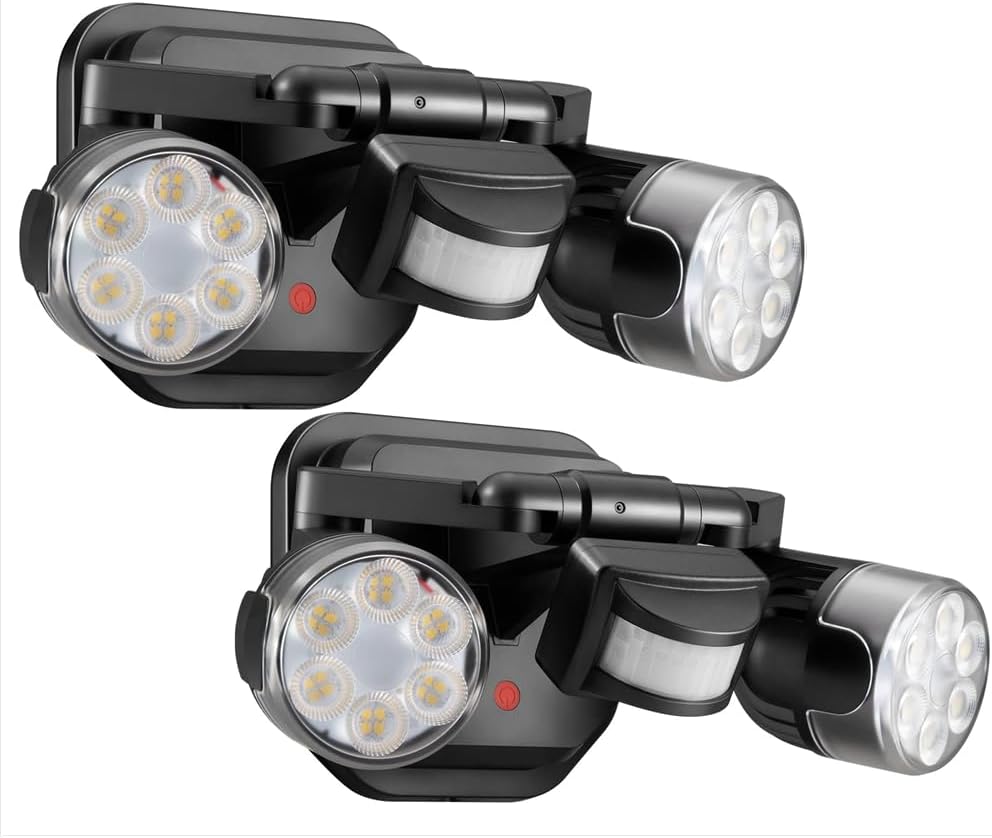 OREiN Luces de seguridad para exteriores con sensor de movimiento, luces de inundación LED ajustables de doble cabezal, 3 modos (movimiento/manual/atardecer a amanecer), equivalente a 150 W, 5000 K