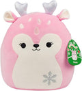 Squishmallows Peluche Kellytoy con licencia oficial de Navidad 2024, juguete de peluche esponjoso, regalo para niños, niñas y niños, 8 pulgadas (Falala el cervatillo de Navidad rosa con copo de nieve)