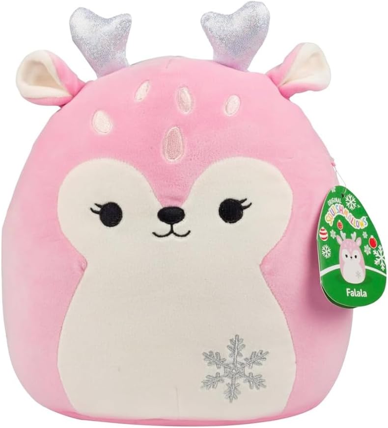 Squishmallows Peluche Kellytoy con licencia oficial de Navidad 2024, juguete de peluche esponjoso, regalo para niños, niñas y niños, 8 pulgadas (Falala el cervatillo de Navidad rosa con copo de nieve)