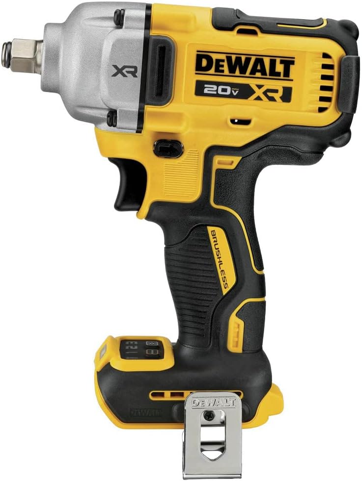 DEWALT Llave de impacto inalámbrica máxima de 20 V, anillo de cerdo de 1/2 pies, incluye luz de trabajo LED y clip para cinturón, solo herramienta desnuda (DCF891B)