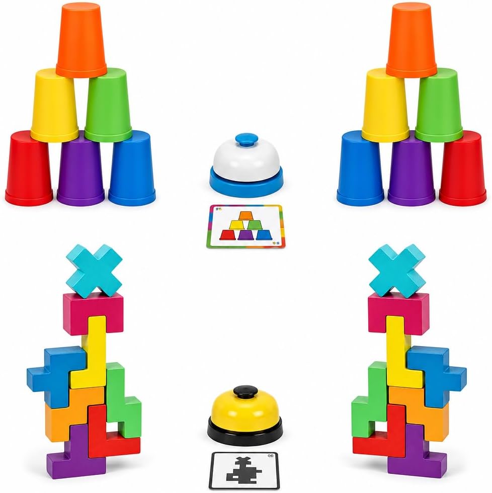 Juego de apilamiento de tazas con tarjetas y campana, juego de velocidad rápida + rompecabezas de bloques de construcción 2 en 1, juego de fiesta familiar para niños de 3 a 8 años, juguete
