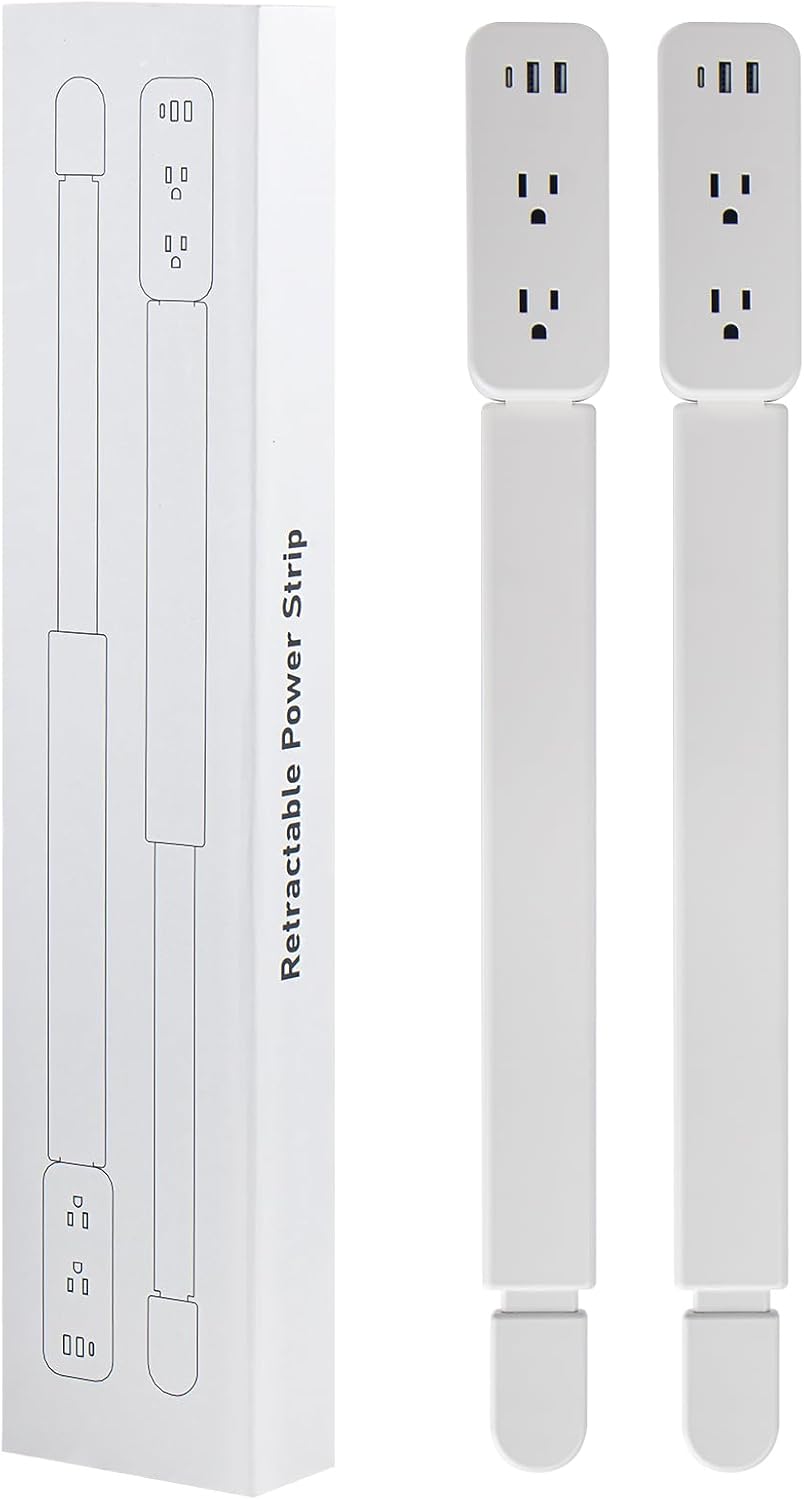 Extensor de tomacorriente: cuenta con USB-A, USB-C y 2 salidas de CA, se extiende de 22 a 34 pulgadas, gira 180° de acceso a tomas de corriente difíciles de alcanzar, enchufes de pared, mesitas de